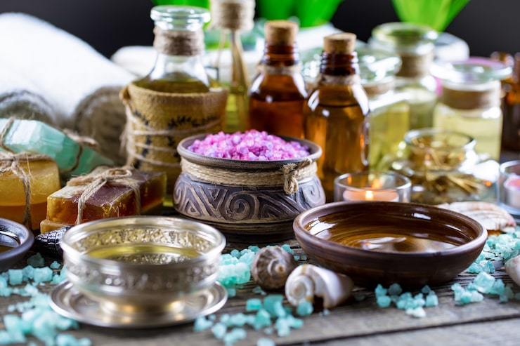 Ingredients kept on a table for perfume creation