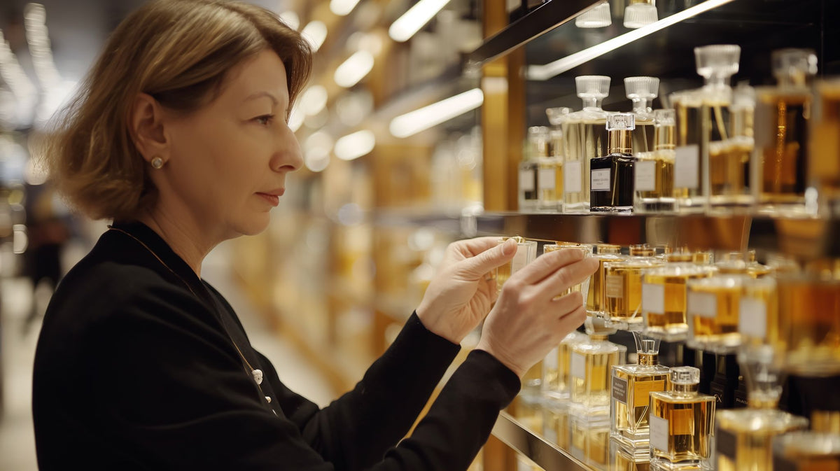 Women choosing perfumes from shelf